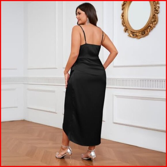 Plus Size Satin Slip Dress Ruched Cowl Neck Spaghetti Strap Midi Party - Picture 2 of 6